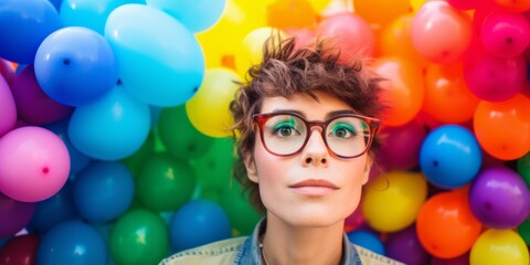 Obraz premium Portrait of beautiful woman with inflatable rainbow balloons. Generative AI.