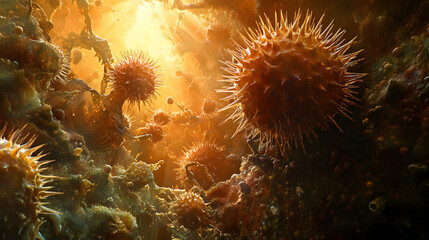 Obraz premium An abstract representation of spiky, spherical objects glowing in a warm golden light, resembling a surreal underwater or microbial world, showcasing intricate textures and dynamic depth.