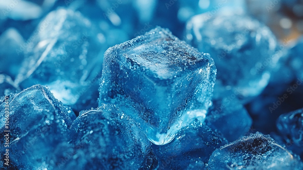 Poster close-up of shimmering, translucent blue ice cubes, glistening with bubbles and reflecting light, cr