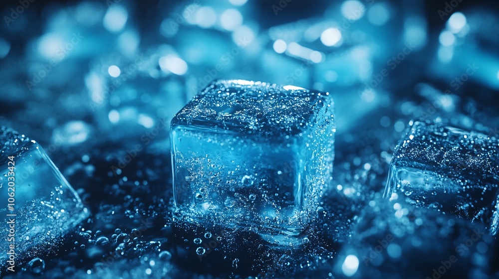 Poster glimmering blue ice cubes sparkling with tiny bubbles, creating a refreshing and cool aesthetic agai