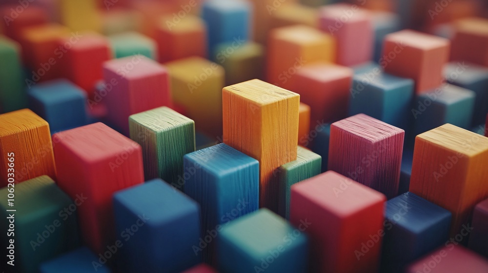 Poster a vibrant arrangement of colorful wooden blocks, stacked and scattered, creating an engaging visual 