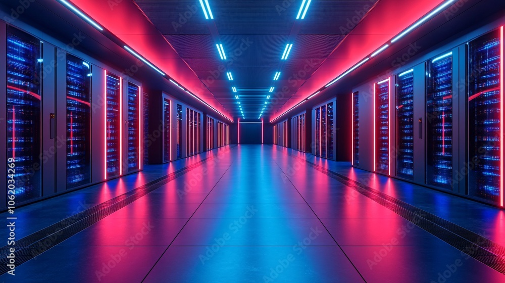 Poster a vibrant data center corridor illuminated by blue and red lights, featuring rows of servers lining 