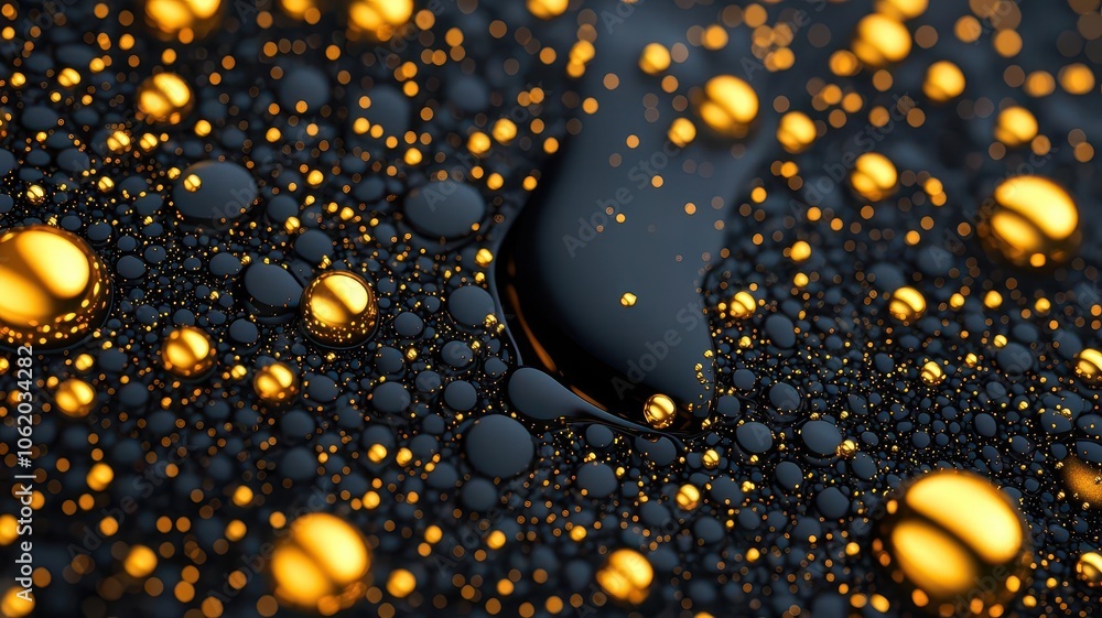 Poster a close-up view of shimmering black and gold liquid droplets creating an abstract and visually strik