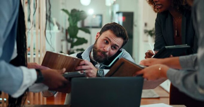 Multitasking, hands and businessman in office with chaos for documents, approval or deadline. Technology, time management and male PR executive with pressure, compliance and project review at agency.