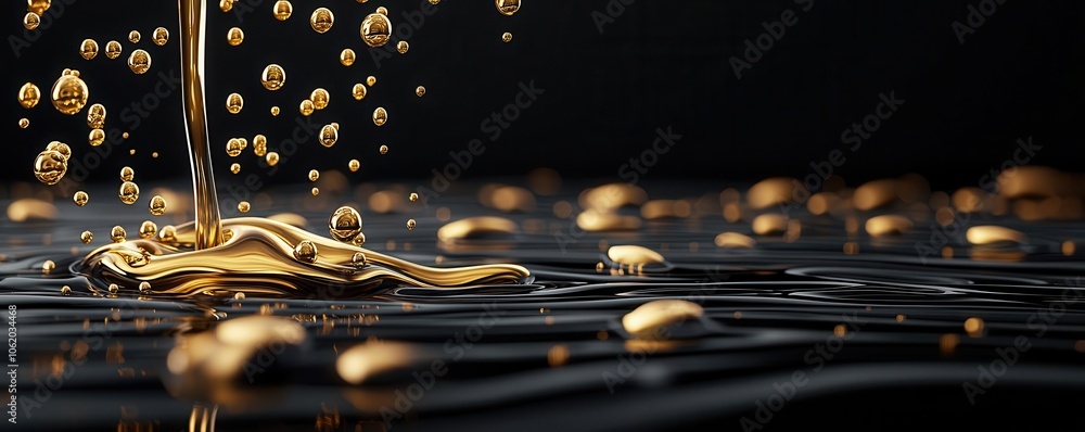 Poster a close-up of golden liquid droplets splashing on a dark surface, creating a mesmerizing and luxurio