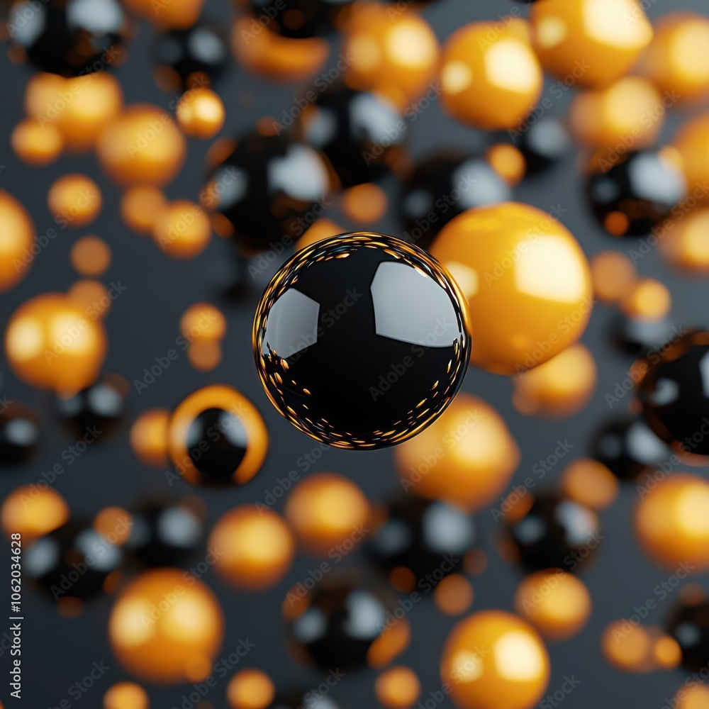 Poster a mesmerizing composition of floating black and orange spheres against a dark background, creating a