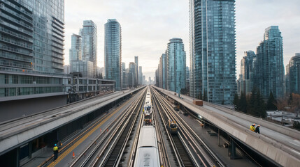 Skytrain Repair Station with Engineers Working on Elevated Tracks