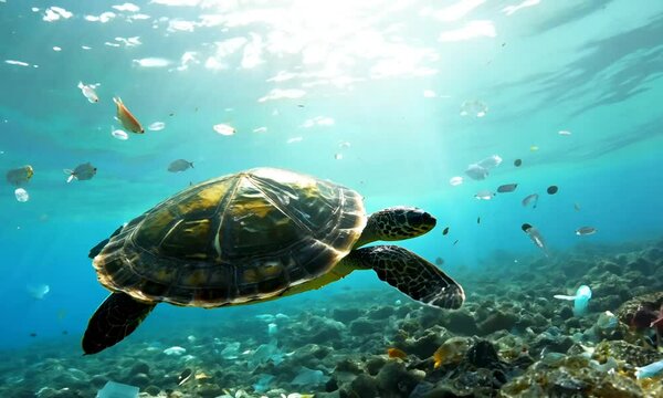 A sea turtle swims underwater among fish and household waste, highlighting the importance of marine life and ocean conservation.