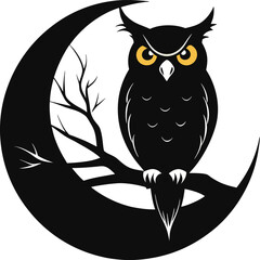 owl perched on tree branch against full moon