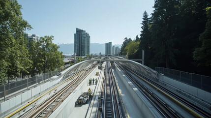 Skytrain Repair Station with Engineers on Elevated Tracks