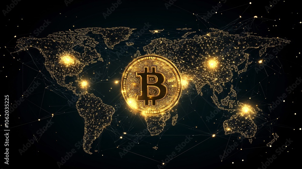 Poster a visual representation of bitcoin, surrounded by glowing lights on a world map, symbolizing global 