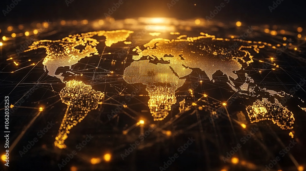 Aufkleber a glowing digital map of the world with connected nodes and radiant light, symbolizing global connec