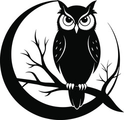 owl perched on tree branch against full moon