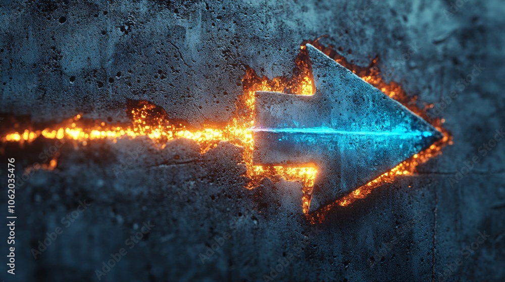 Poster a glowing arrow design made of fiery elements on a textured background symbolizes direction and ener