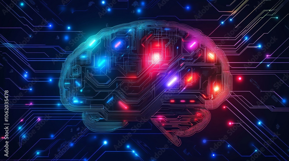 Aufkleber a digital depiction of a brain illuminated with vibrant colors and circuit patterns, symbolizing the
