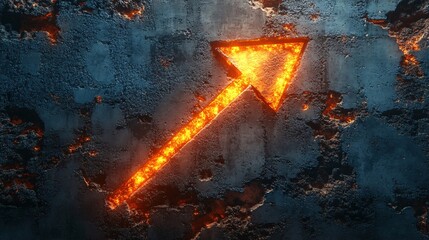 Fototapeta premium A fiery arrow symbol glows against a textured, dark background, conveying themes of direction, strength, and energy.