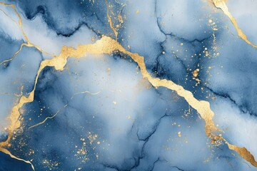 Elegant watercolor background crafted using a brush. Soft blue tints dotted across the surface. Shimmering gold stripes and cracked marble effect