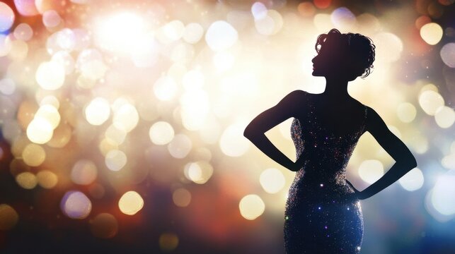 Miss Universe contestant in dazzling sequined dress, striking a pose with bright stage lights highlighting every sparkle in her gown