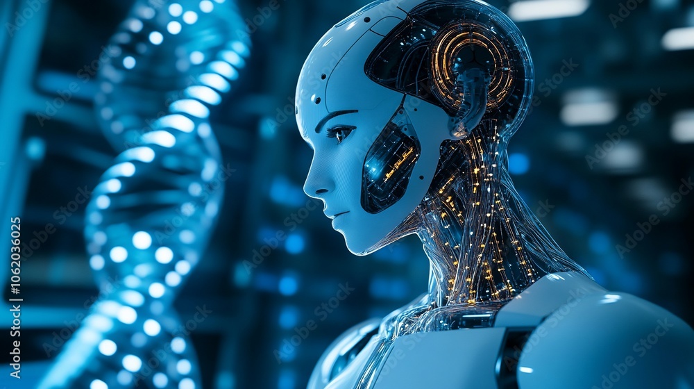 Poster A female robot with a glowing internal mechanism stands in front of a DNA helix, representing the intersection of technology and biology.