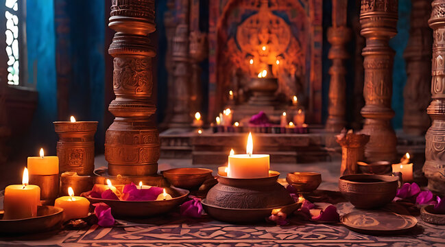 Mystical Tantra Vidya Practice with Sacred Geometric Patterns and Candles in an Ancient Temple