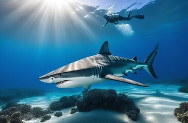 Huge shark swimming underwater in the sea or ocean. Scary marine life. Dangerous Predator. Wild life wallpaper.
