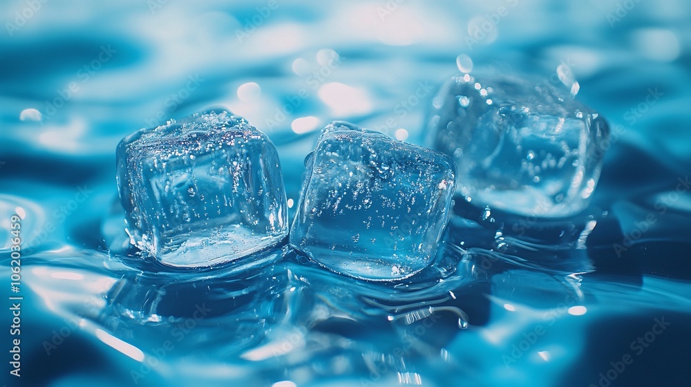 Poster three ice cubes glisten in a pool of shimmering blue water, creating a refreshing and cool visual ef