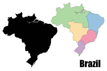 A silhouette of Brazil’s map alongside a multicolored regional division map representing its geographic regions