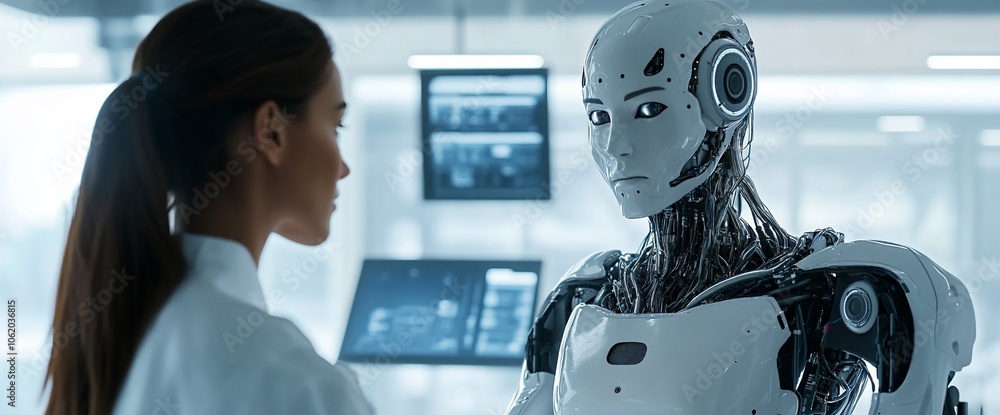 Poster a female scientist stands beside a humanoid robot, both looking at each other in a futuristic lab.
