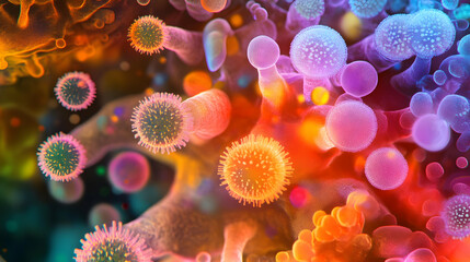 A mesmerizing visualization of dynamic microscopic cells in a spectrum of vivid colors, creating a visually rich and scientifically fascinating image.

