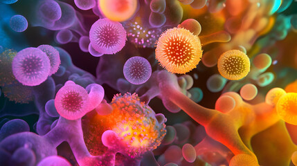 A stunning close-up of a microscopic world filled with pink and orange hues, featuring organic shapes and intricate cellular patterns that resemble abstract art.

