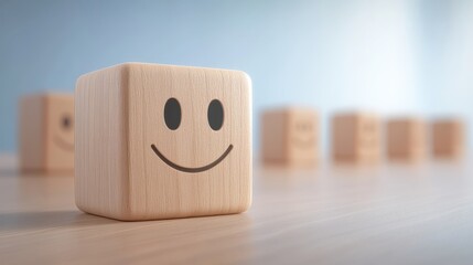 A wooden cube with a smiley face on it is placed on a wooden table. The cube is surrounded by other wooden cubes, creating a sense of unity and positivity. The image conveys a feeling of happiness