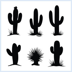 Obraz premium Cactus, Cactus black silhouette set, Cactus icon vector illustration, Landscape doodles isolated white background