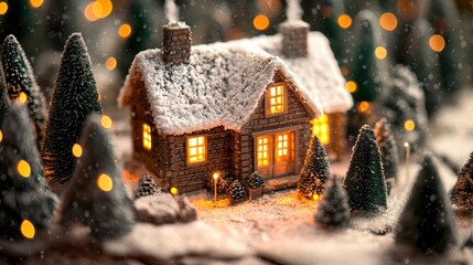 A charming, snow-covered cabin with warm glowing windows nestled amidst a snowy, pine-filled forest lit by twinkling fairy lights