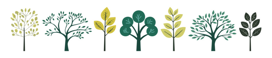 Set of tree and leaf collection hand drawn flat design vector element. botanical set of bare trees and ones with leaves and lush green