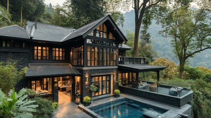 Fototapeta premium Modern luxury villa with swimming pool, outside view architecture