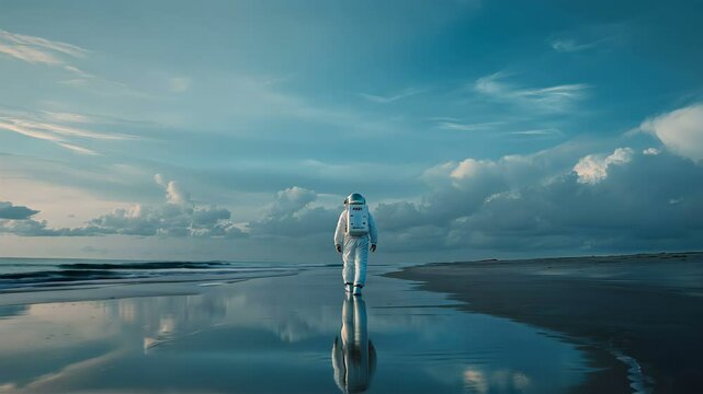 An astronaut is peacefully walking on a serene beach, surrounded by a dramatic sky filled with clouds