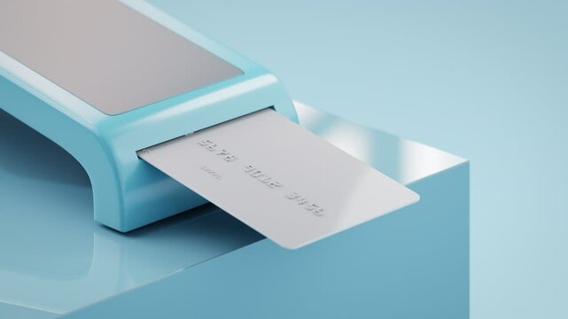 A neutral credit card with fake name and number being inserted into a card reader