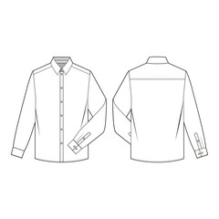 Long-sleeve shirt technical drawing with button placket, classic collar, cuff details, and back yoke seam in minimalist line art style.

