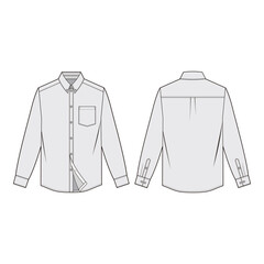 Long-sleeve shirt with front pocket, button placket, classic collar, and yoke seam, technical illustration in minimalist line art.
