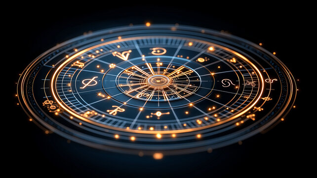 dynamic view of zodiac wheel with each sign radiating light, symbolizing cosmic energy and astrological insights. glowing design highlights mystical allure of astrology