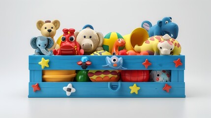 Obraz premium A blue wooden box filled with stuffed animals