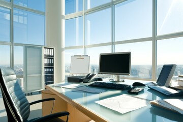 Fototapeta premium A minimalist administrative office with a large, modern wooden or glass desk