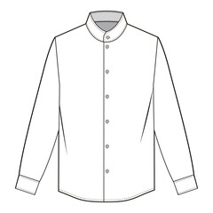 Front view of long-sleeve shirt with mandarin collar, button placket, and cuff details in minimalist technical illustration.
