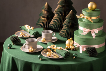 Unique green table set for Christmas with bubbles and gifts.