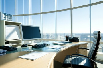 A minimalist administrative office with a large, modern wooden or glass desk