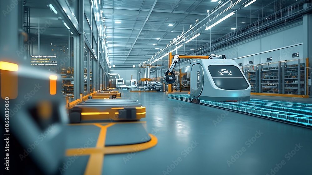 Aufkleber a futuristic automated factory with robotic arms, conveyor belts and automated guided vehicles, show