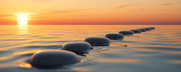 Panoramic view of zen path of stones on ocean water background. Yoga meditation, relaxation, mind soul, heaven concepts.	