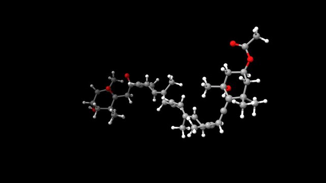 Structure of the accessory pigment fucoxanthin. Animated 3D ball-and-stick and surface models, black background