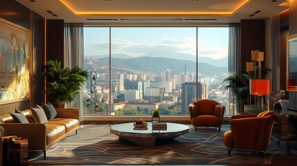 Fototapeta premium A living room with a large window overlooking a city