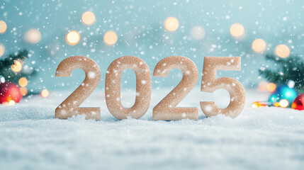 Sparkling 2025 text set against a snow-filled winter wonderland, colorful holiday lights, festive and cheerful, soft lighting